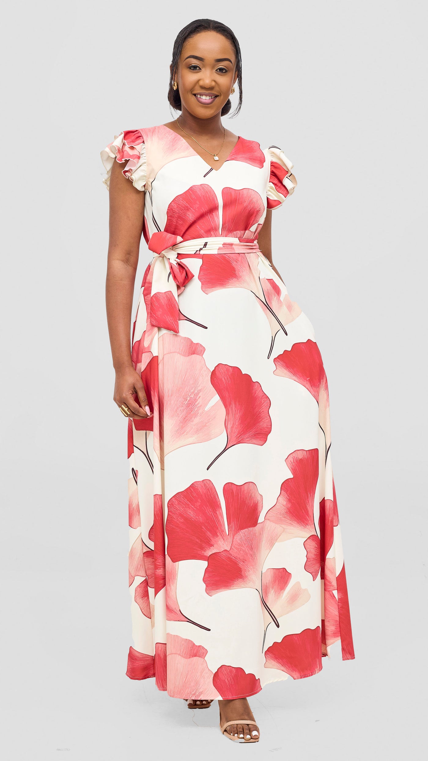 Vivo Nasinka A-Line Maxi Dress - Off White / Red Tilla Print