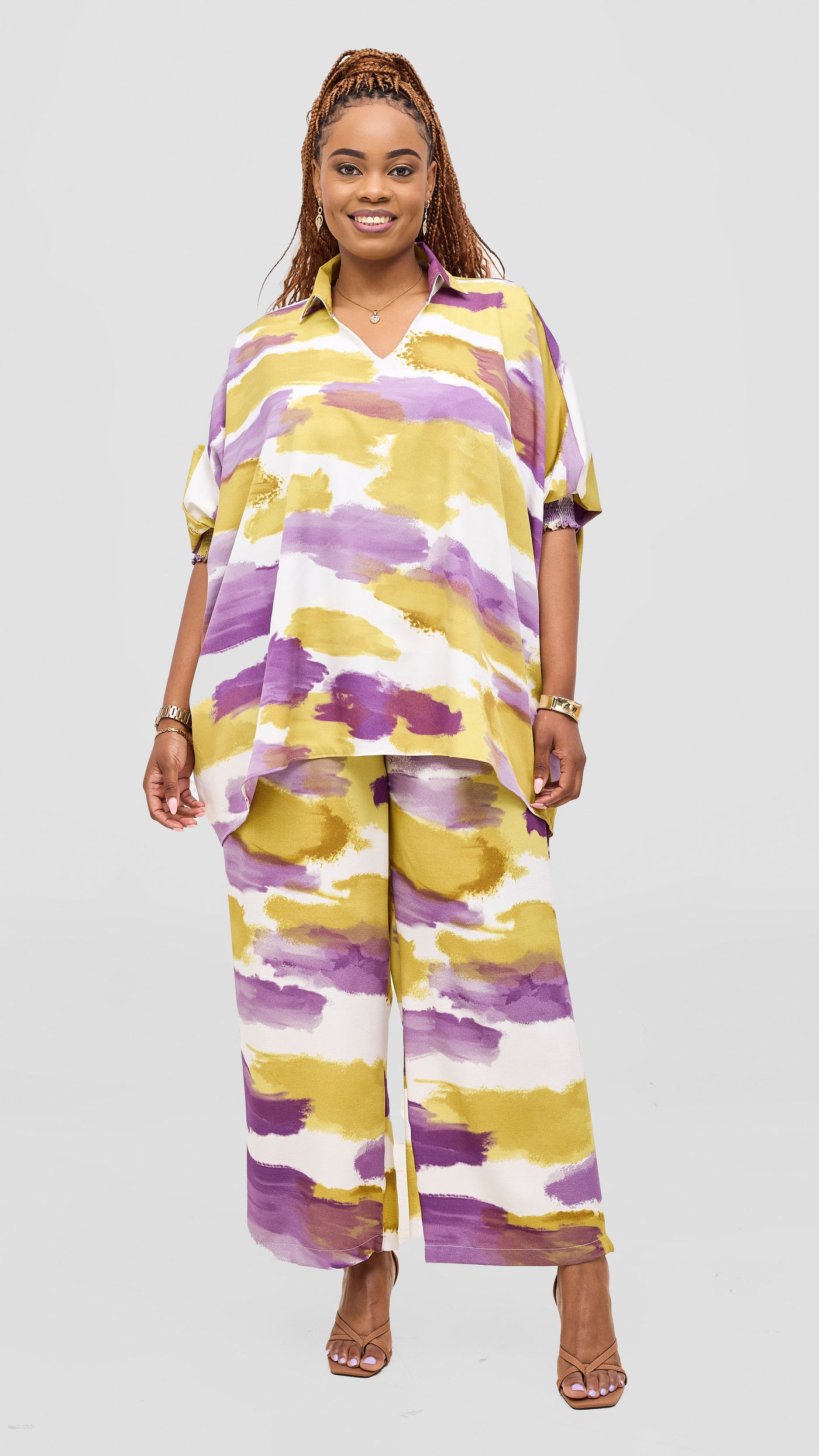 Vivo Sanali Wide Leg Pants- Purple / Olive Print