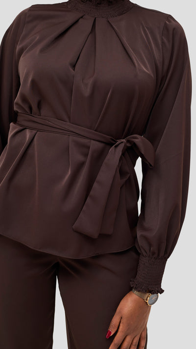 Vivo Ayah Bishop Sleeve Mock Neck Top - Chocolate