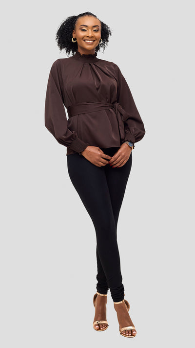 Vivo Ayah Bishop Sleeve Mock Neck Top - Chocolate
