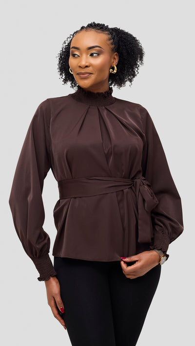 Vivo Ayah Bishop Sleeve Mock Neck Top - Chocolate