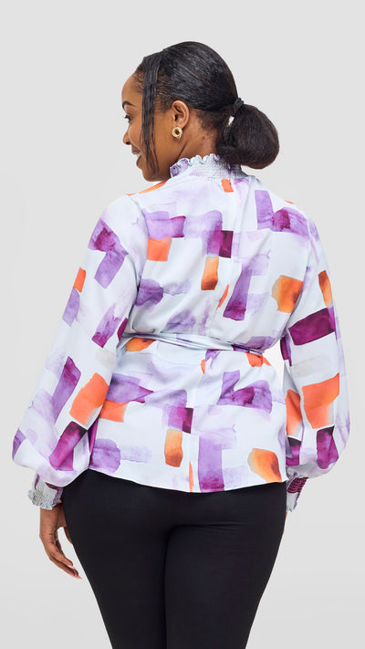 Vivo Ayah Bishop Sleeve Mock Neck Top - Lilac / Orange Zani Print