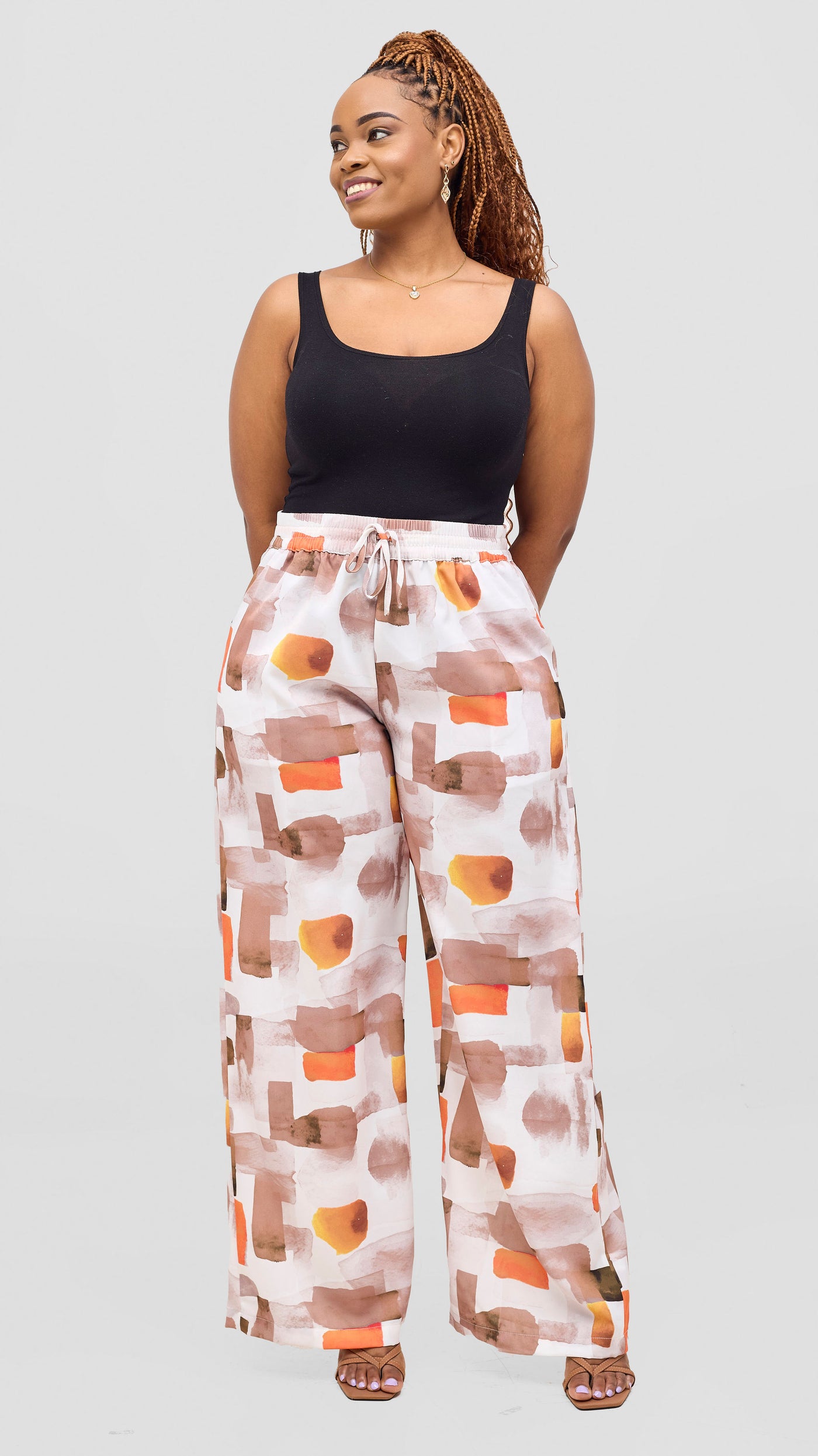 Vivo Ayah Drawstring Pants - Taupe / Orange Zani Print