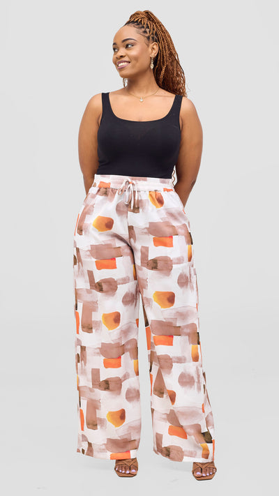 Vivo Ayah Drawstring Pants - Taupe / Orange Zani Print