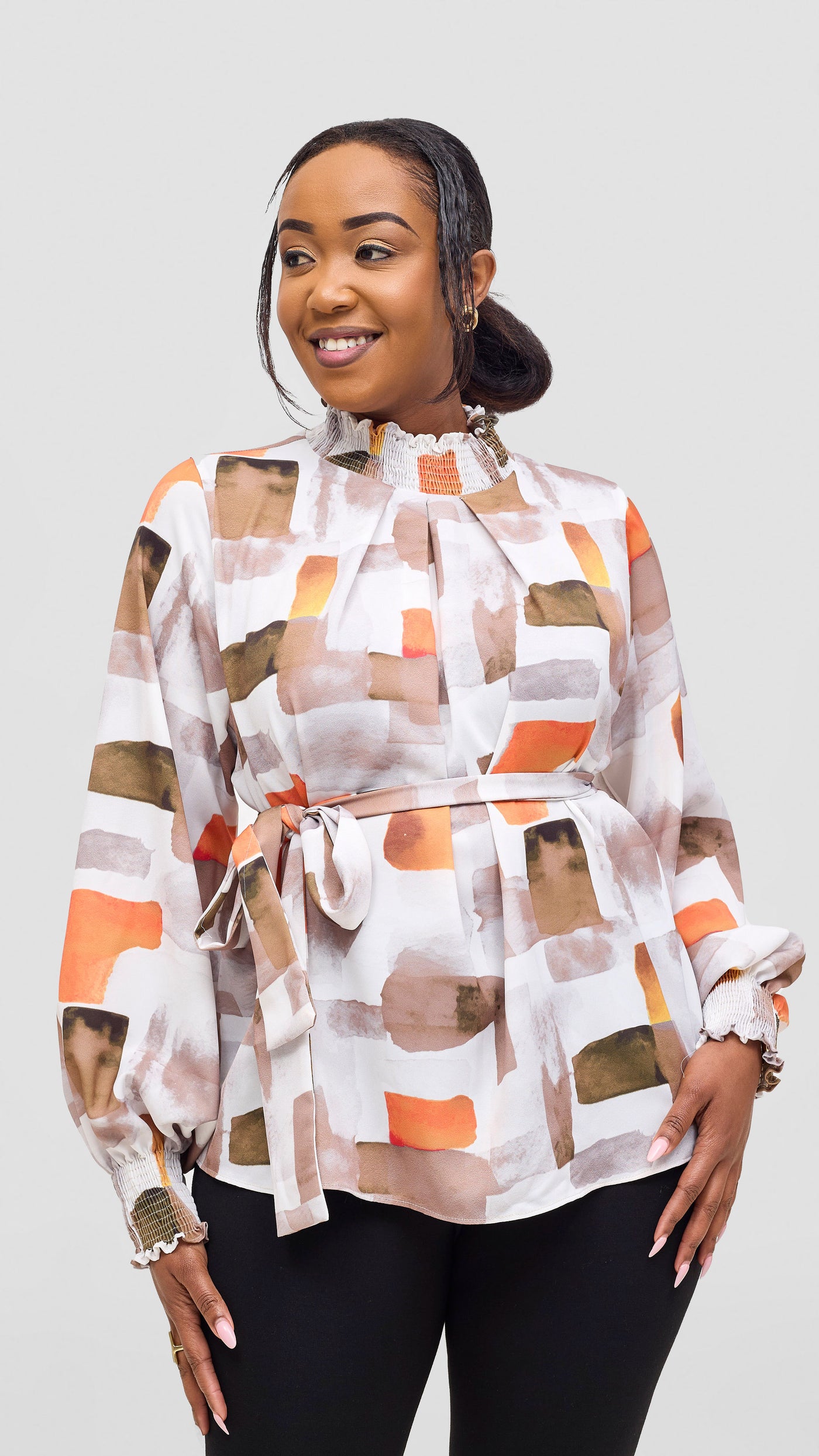 Vivo Ayah Bishop Sleeve Mock Neck Top - Taupe / Orange Zani Print