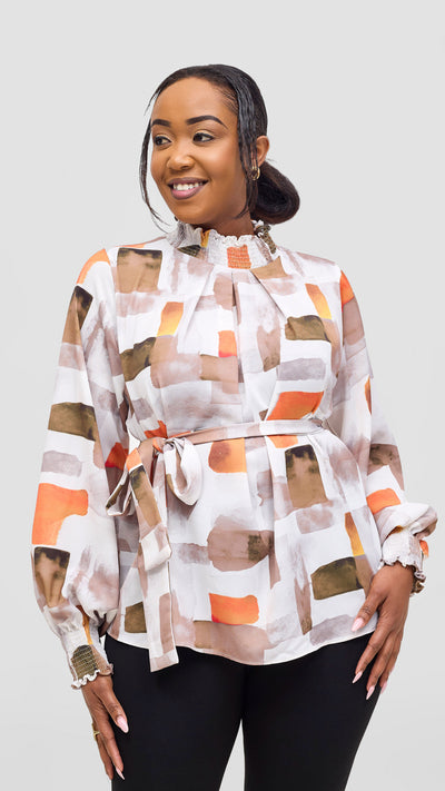 Vivo Ayah Bishop Sleeve Mock Neck Top - Taupe / Orange Zani Print