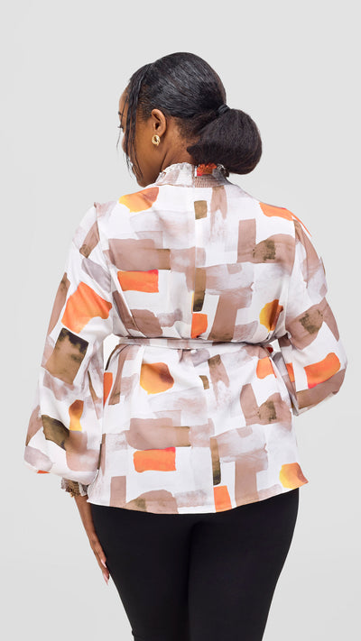 Vivo Ayah Bishop Sleeve Mock Neck Top - Taupe / Orange Zani Print
