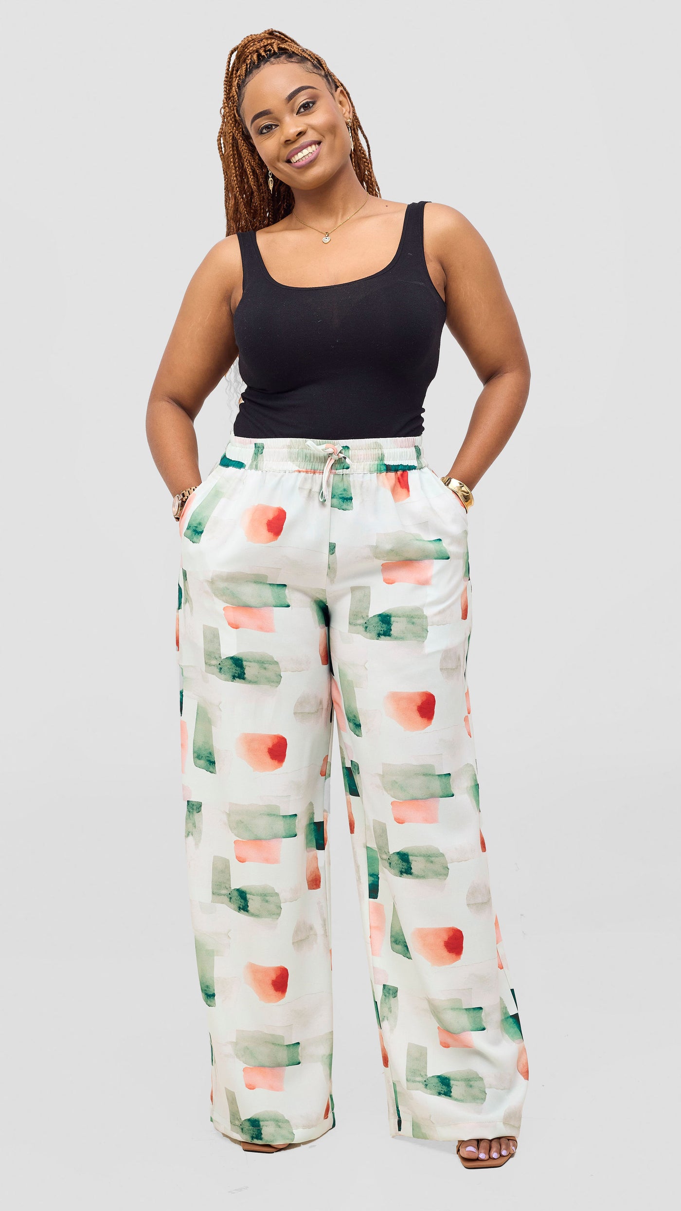 Vivo Ayah Drawstring Pants -Green / Peach Zani Print