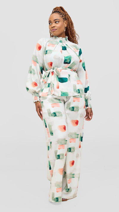 Vivo Ayah Bishop Sleeve Mock Neck Top - Green / Peach Zani Print