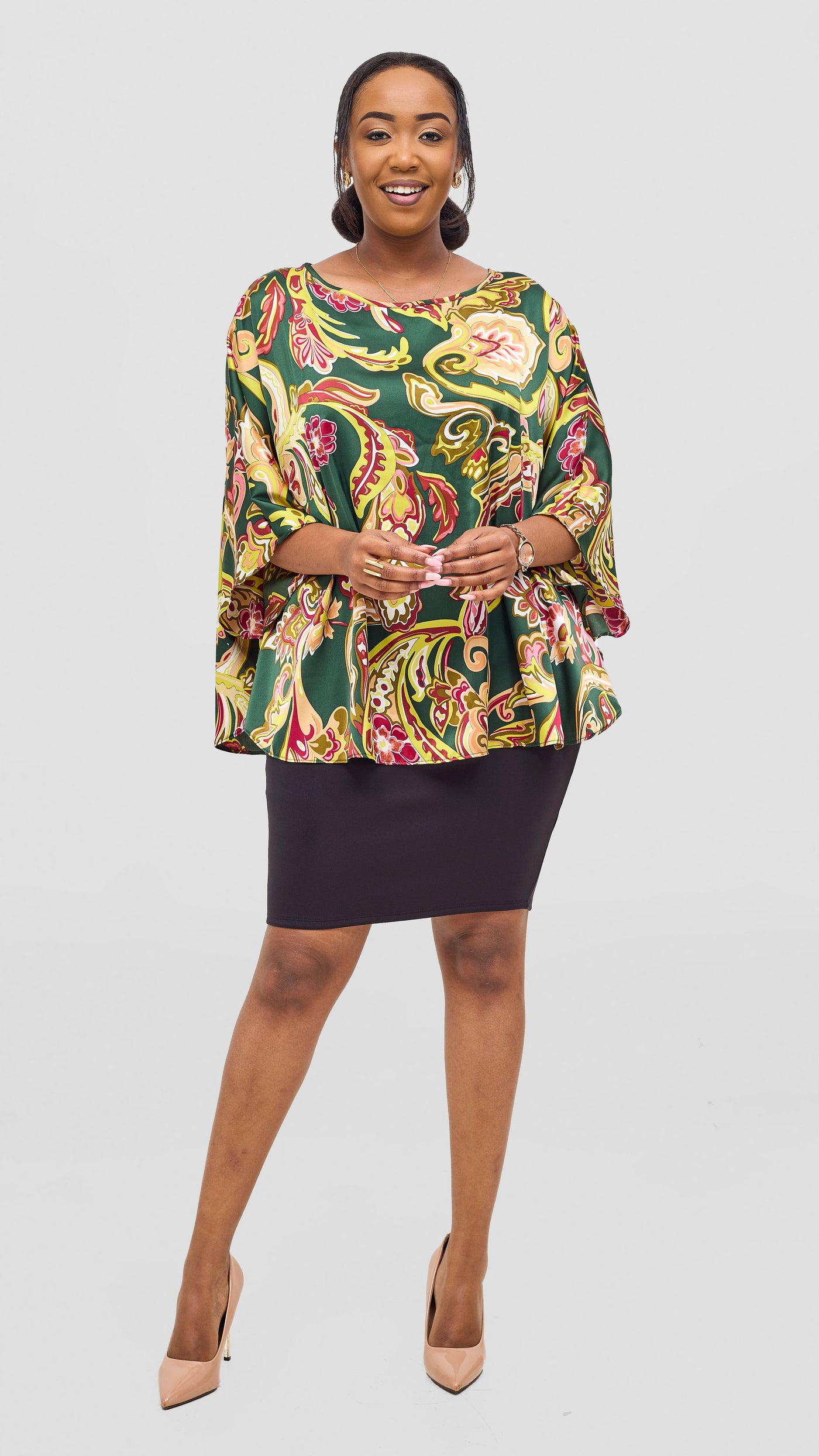 Vivo Keza Circular Loose Top - Dark Green / Hunters Print