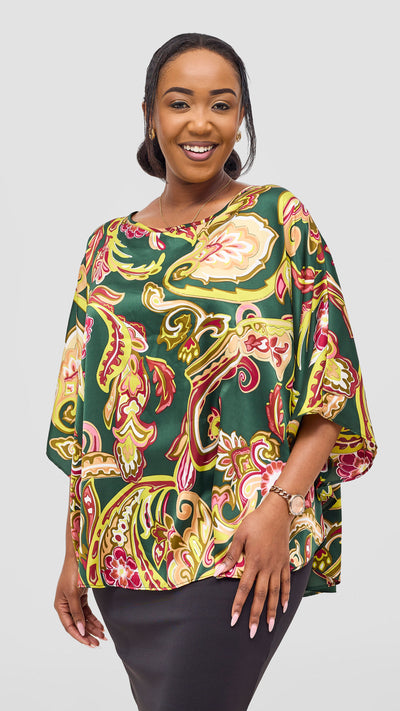 Vivo Keza Circular Loose Top - Dark Green / Hunters Print