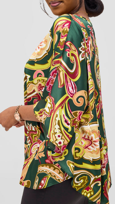 Vivo Keza Circular Loose Top - Dark Green / Hunters Print
