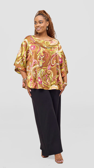 Vivo Keza Circular Loose Top - Dark Tan / Lime Print