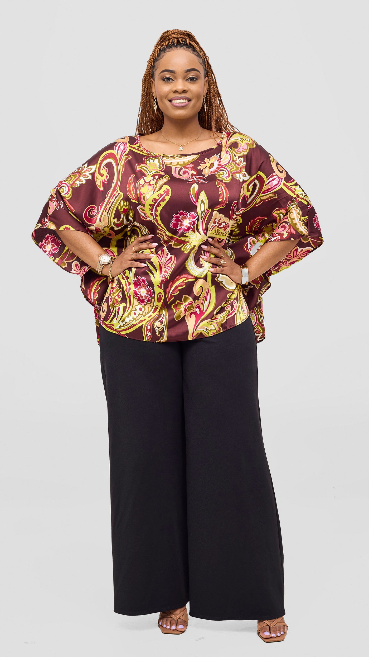 Vivo Keza Circular Loose Top -Burgundy / Tan Print