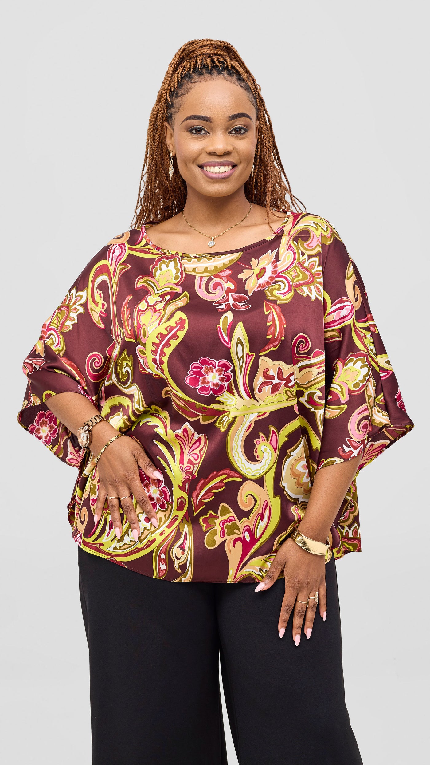 Vivo Keza Circular Loose Top -Burgundy / Tan Print