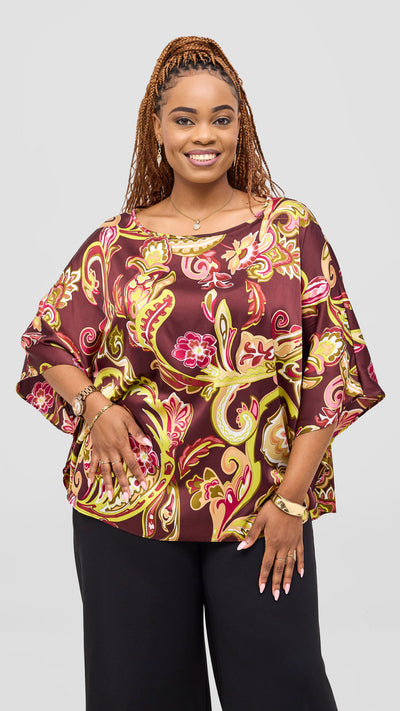 Vivo Keza Circular Loose Top -Burgundy / Tan Print