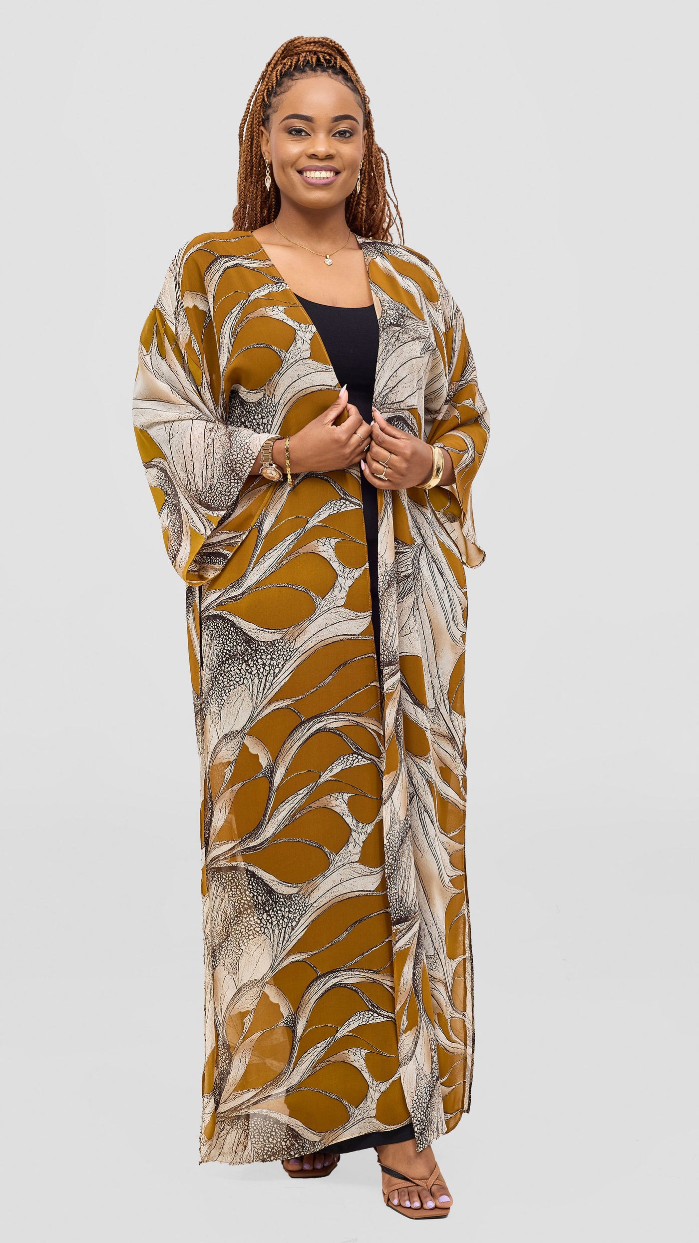 Vivo Nandi High Slit Kimono - Tan / Gold Print