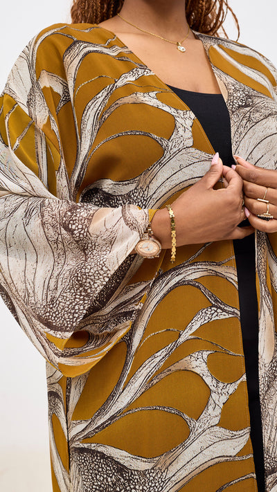 Vivo Nandi High Slit Kimono - Tan / Gold Print