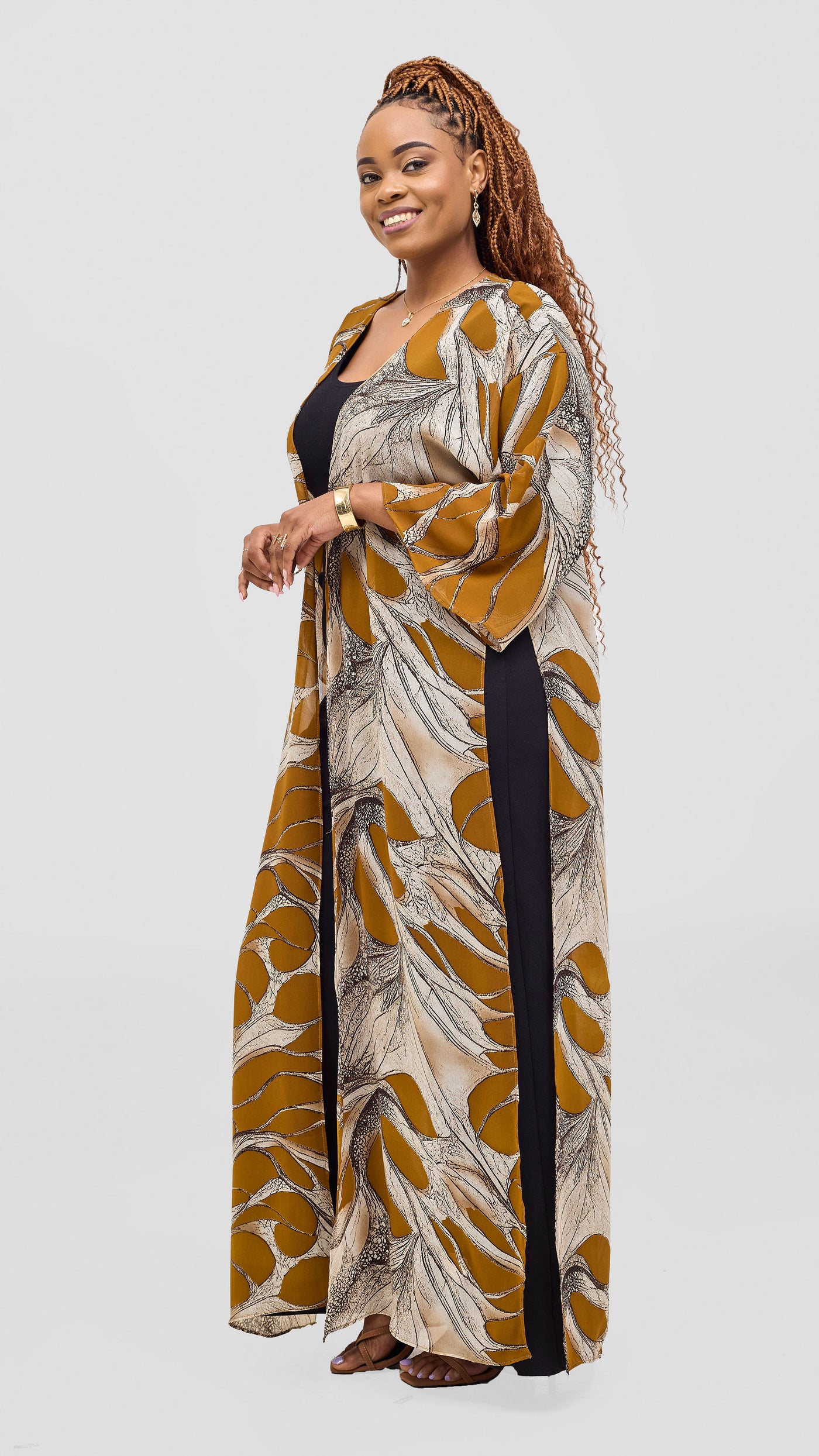 Vivo Nandi High Slit Kimono - Tan / Gold Print