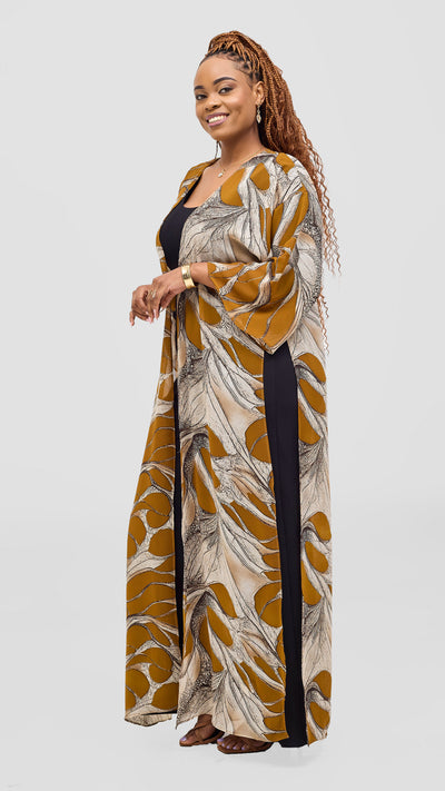 Vivo Nandi High Slit Kimono - Tan / Gold Print