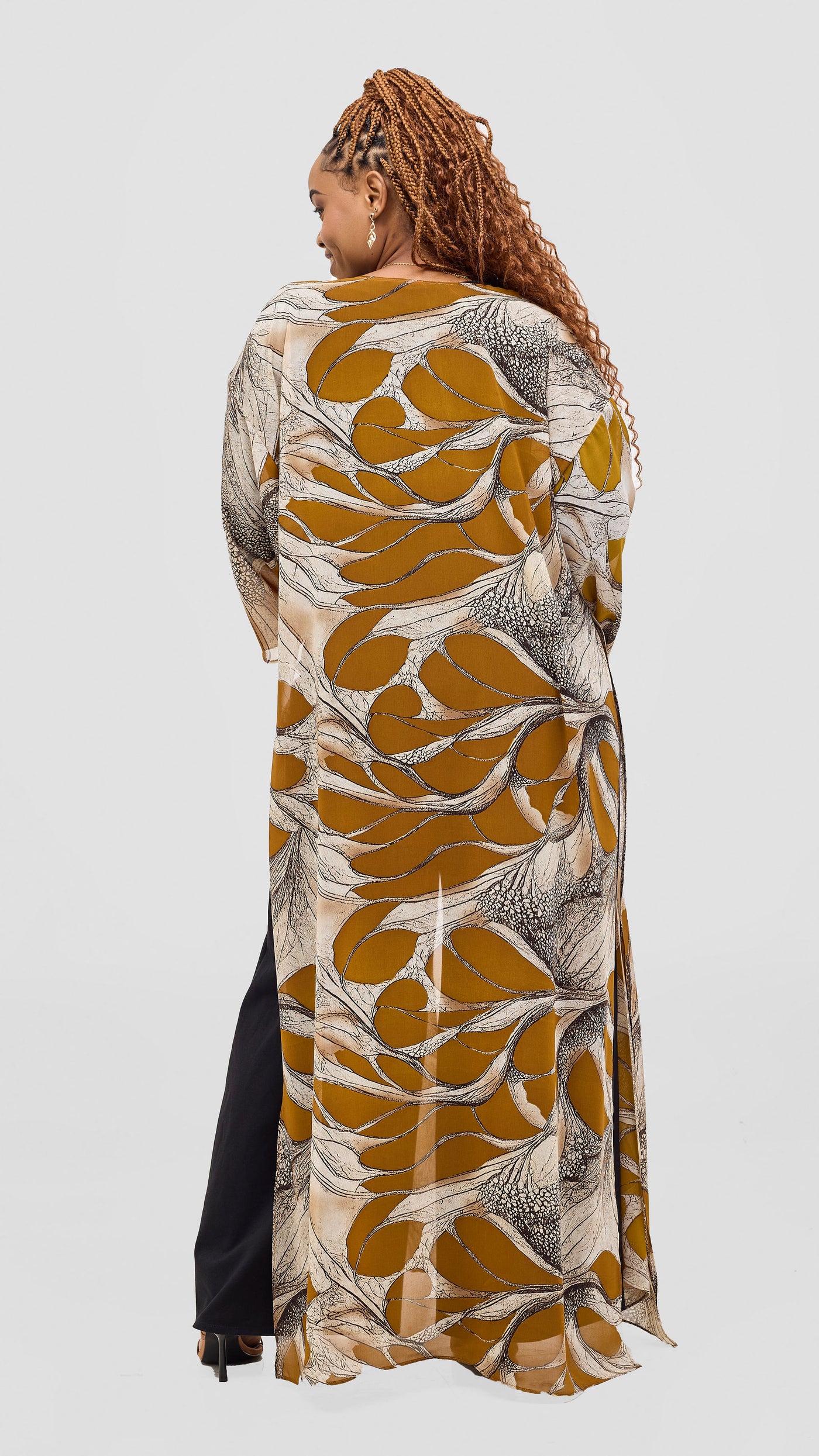 Vivo Nandi High Slit Kimono - Tan / Gold Print