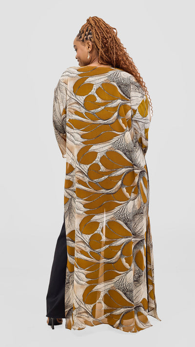 Vivo Nandi High Slit Kimono - Tan / Gold Print