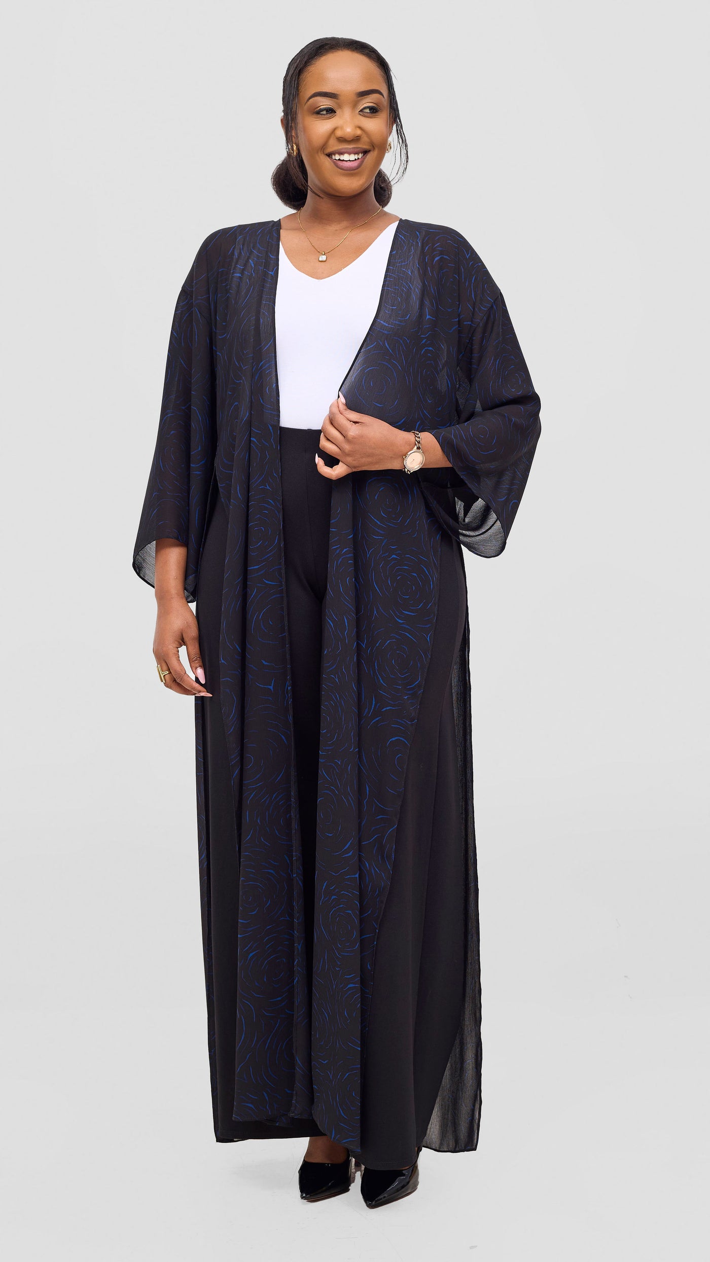 Vivo Nandi High Slit Kimono - Black / Blue Print