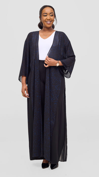 Vivo Nandi High Slit Kimono - Black / Blue Print