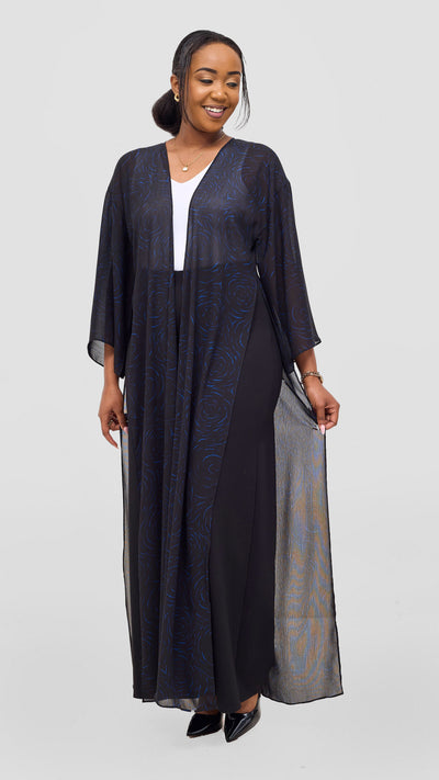 Vivo Nandi High Slit Kimono - Black / Blue Print