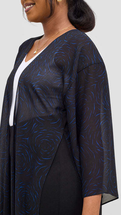 Vivo Nandi High Slit Kimono - Black / Blue Print
