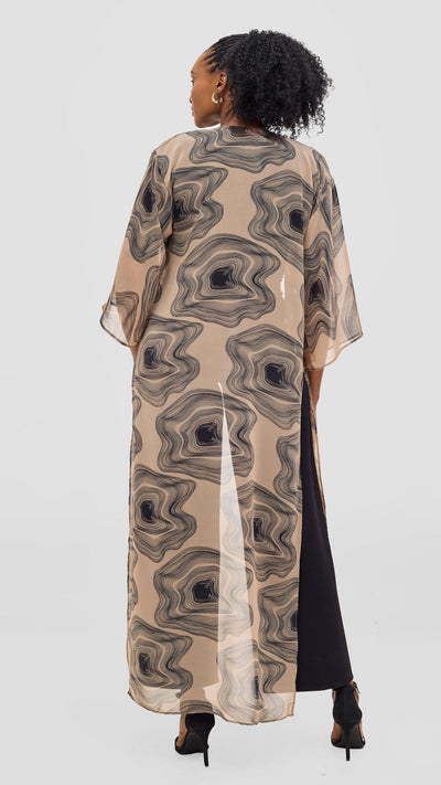 Vivo Nandi High Slit Kimono - Light Tan / Black Print