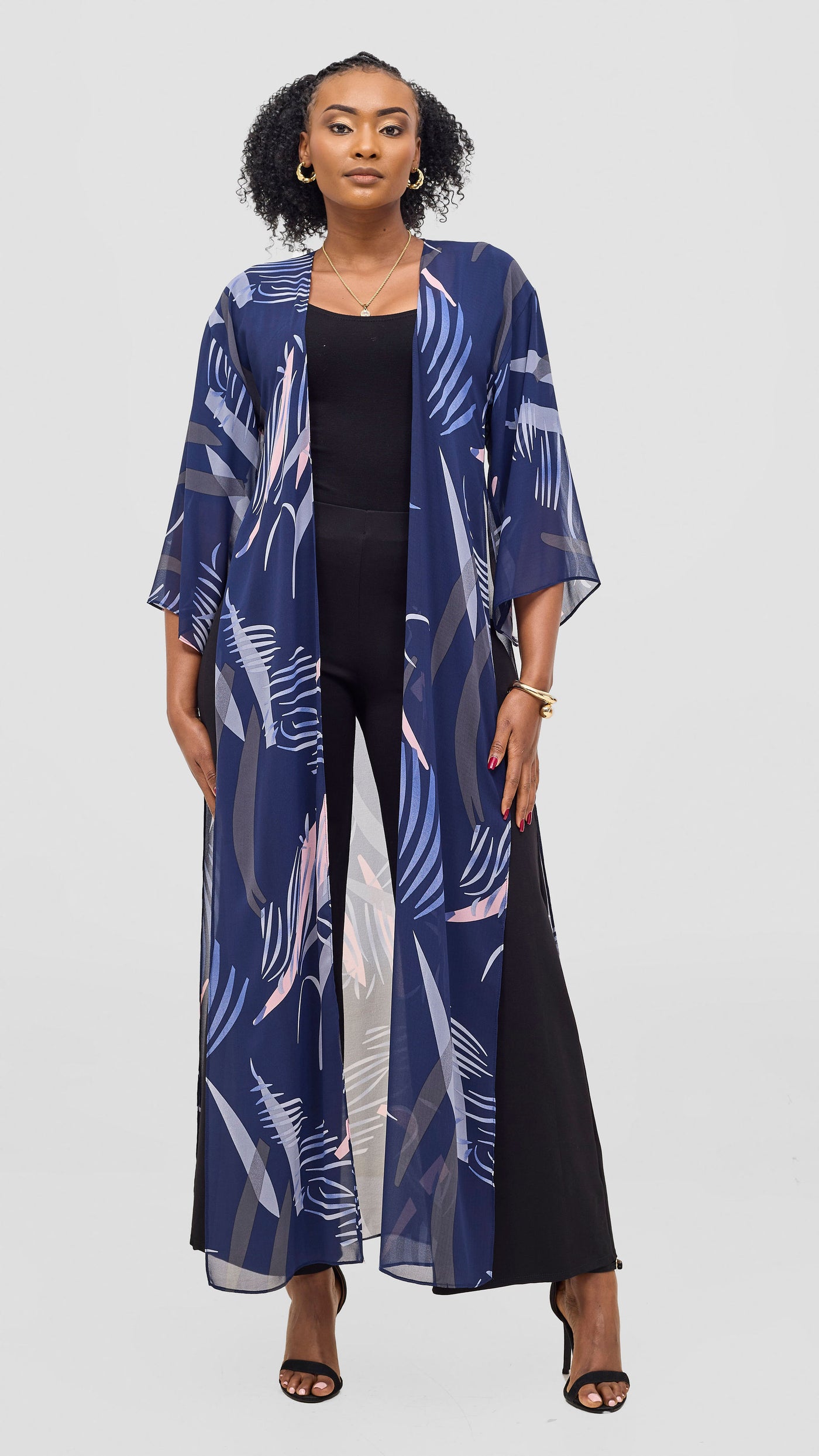 Vivo  Nandi High Slit Kimono - Navy / Grey Print