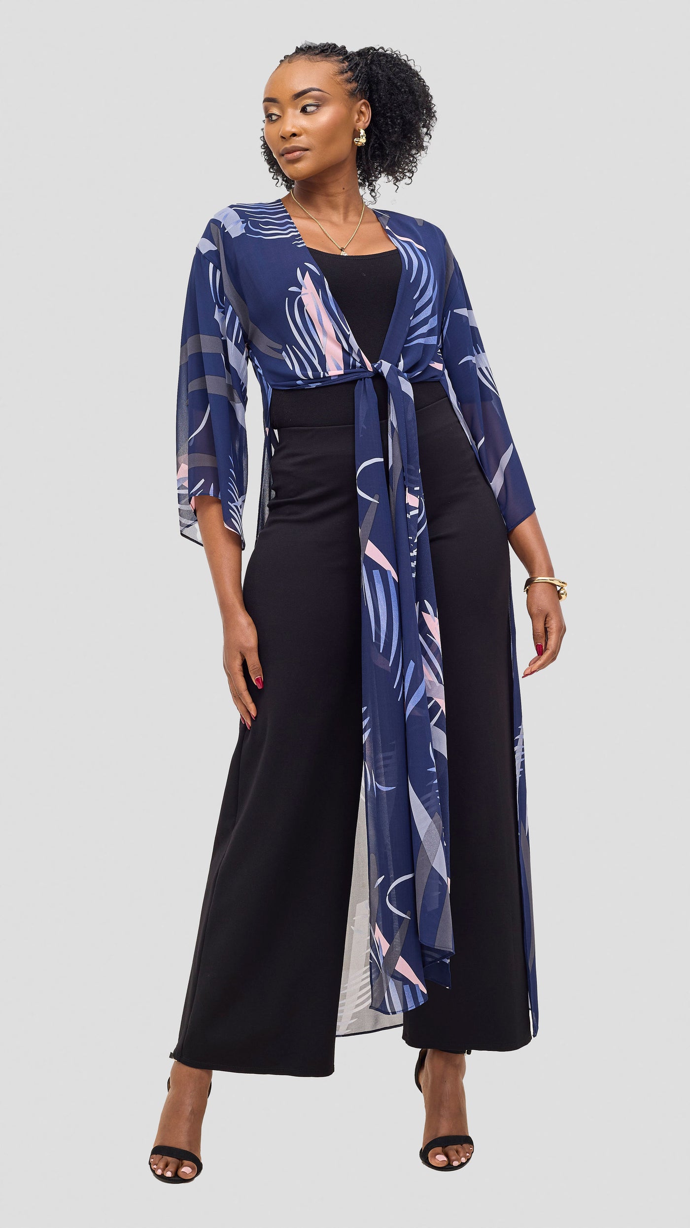 Vivo  Nandi High Slit Kimono - Navy / Grey Print