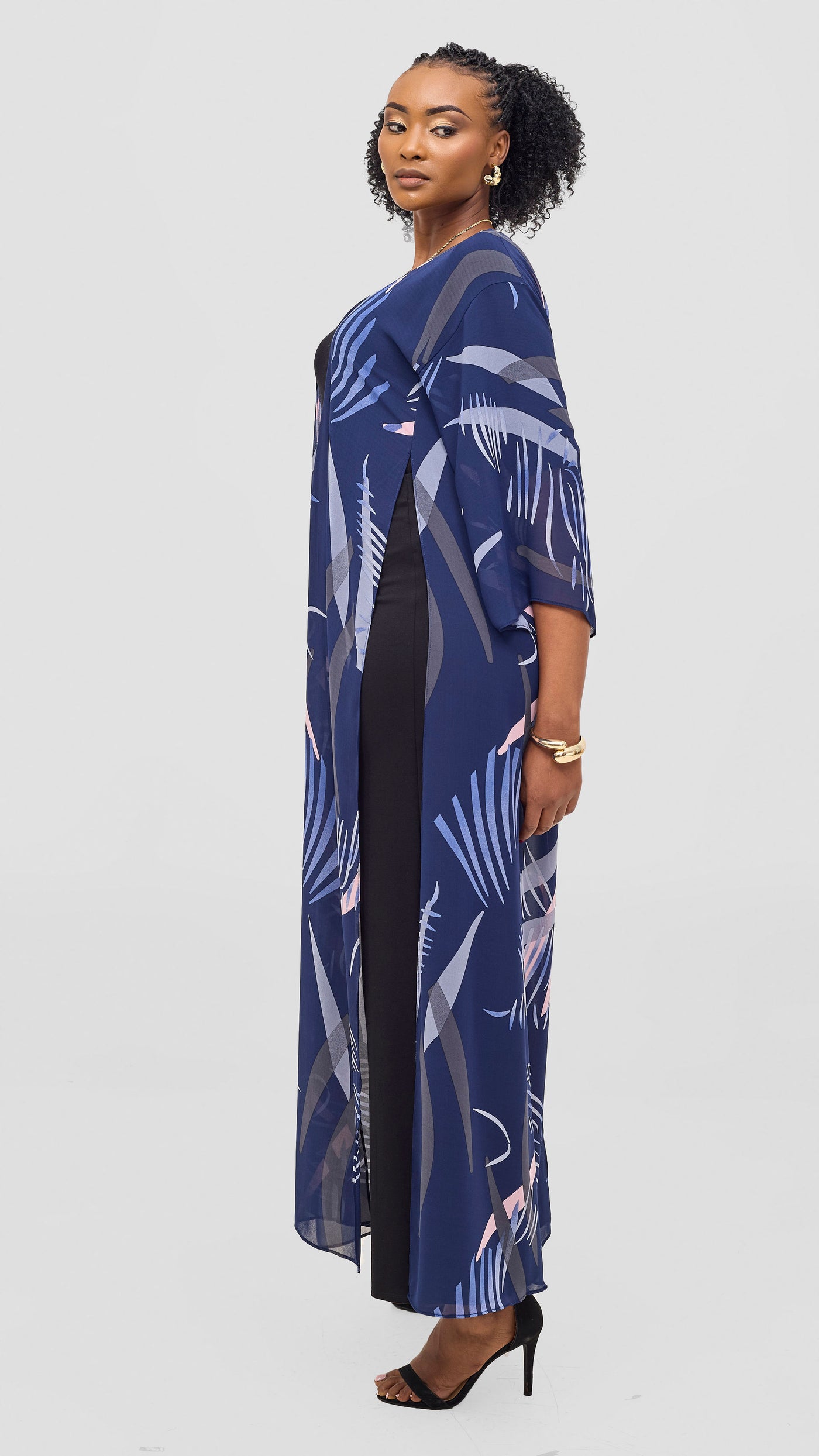 Vivo  Nandi High Slit Kimono - Navy / Grey Print