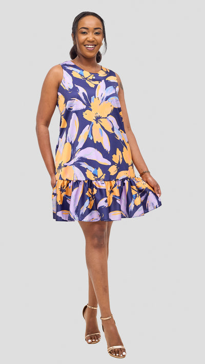 Vivo Iyana Bow Tie Mini Dress - Yellow / Lilac Iya Print