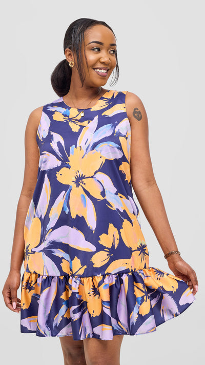 Vivo Iyana Bow Tie Mini Dress - Yellow / Lilac Iya Print