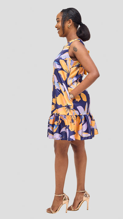 Vivo Iyana Bow Tie Mini Dress - Yellow / Lilac Iya Print