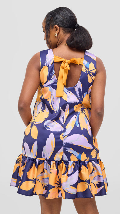 Vivo Iyana Bow Tie Mini Dress - Yellow / Lilac Iya Print