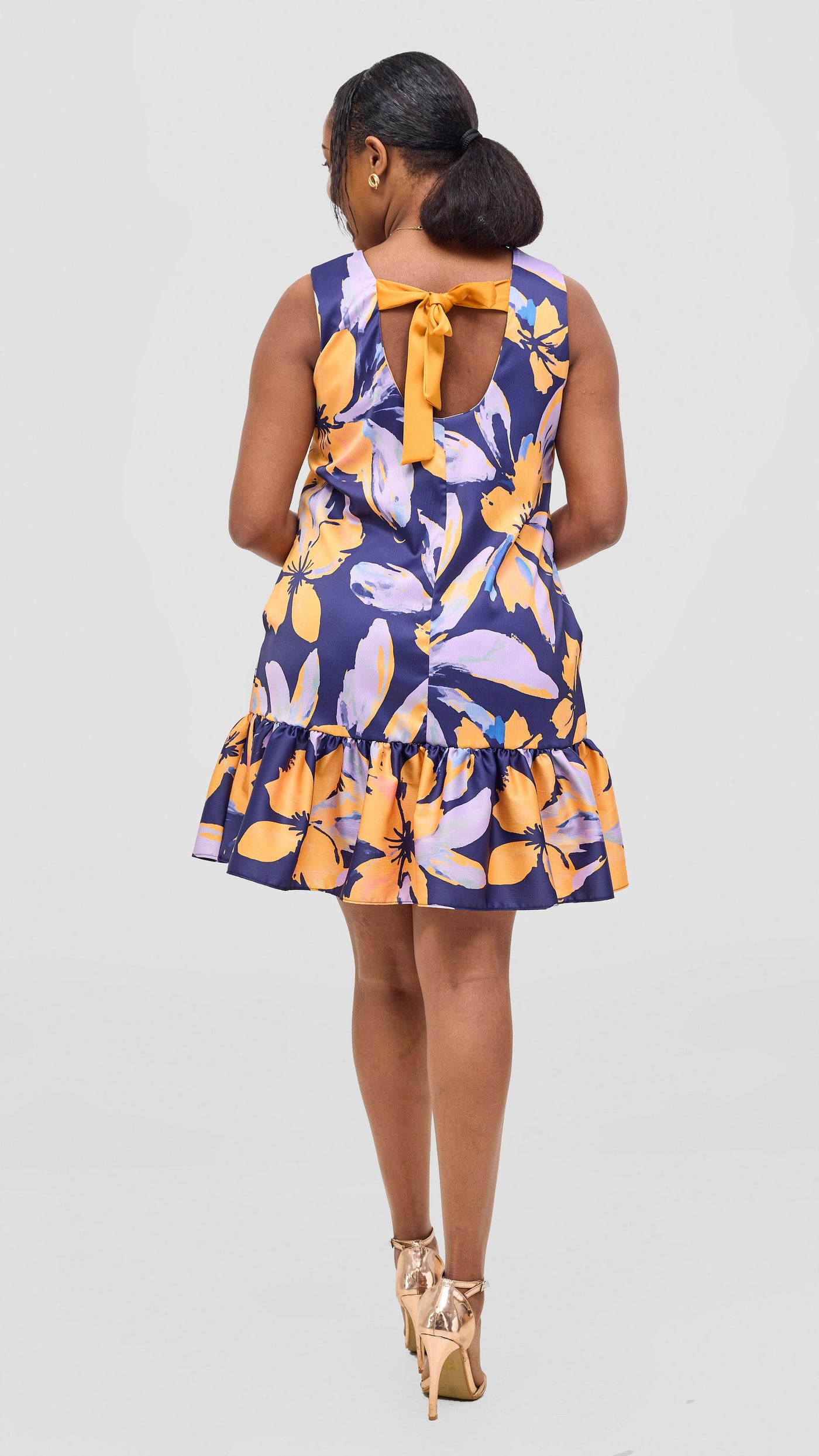 Vivo Iyana Bow Tie Mini Dress - Yellow / Lilac Iya Print