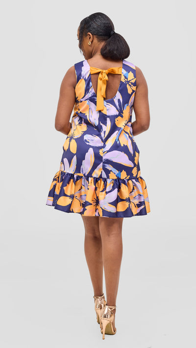 Vivo Iyana Bow Tie Mini Dress - Yellow / Lilac Iya Print