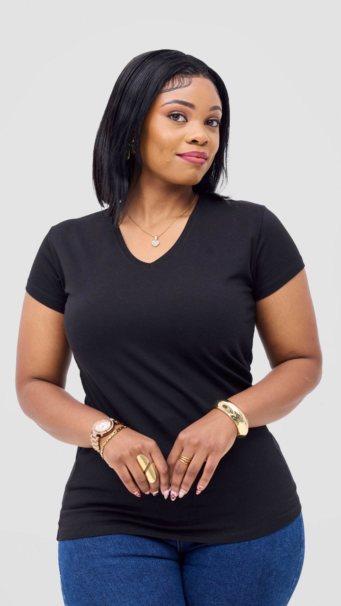 The Fashion Frenzy V - neck Short Sleeved Top - Black - Shopzetu