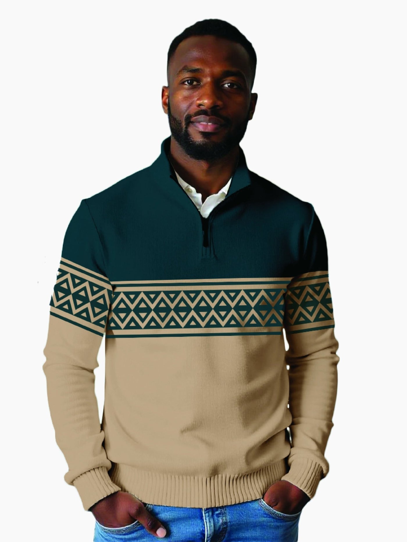 Kitu Kali Men KnitWear Half - Zip Sweater - Beige / Green - Shopzetu