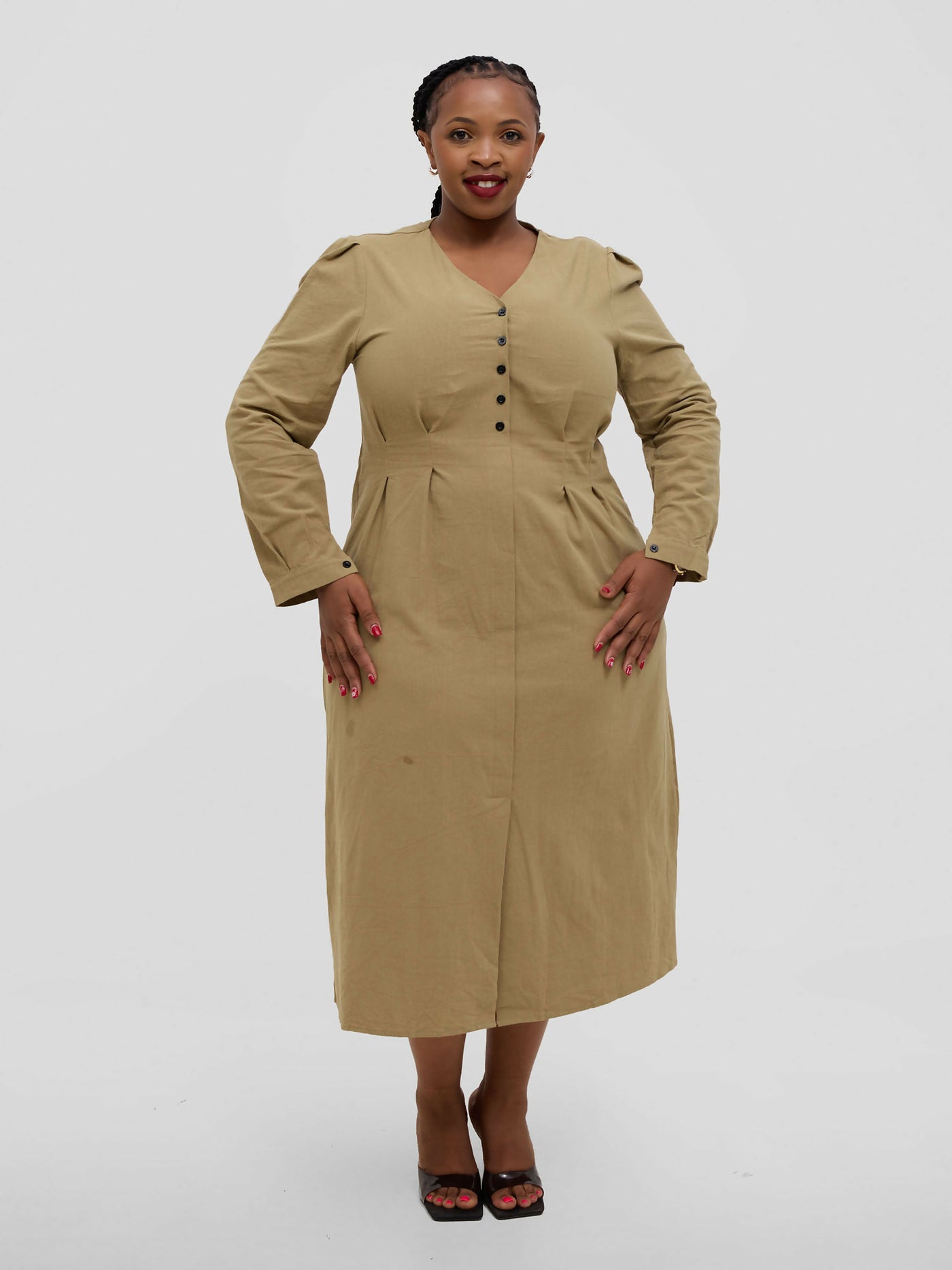 Hessed Long Sleeved Buttoned Dress - Khaki - Shopzetu