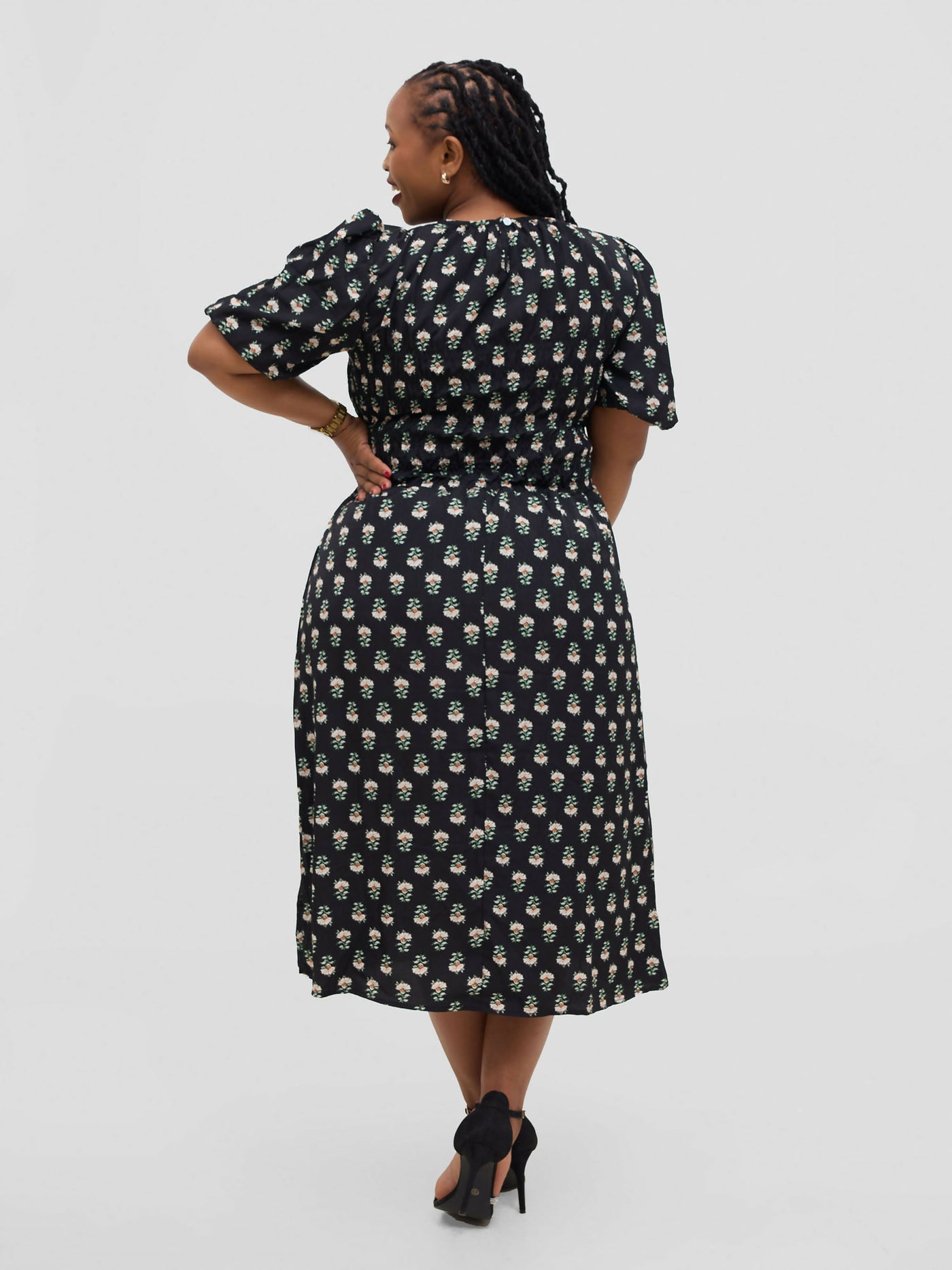 Hessed Floral Puff Short Sleeve A Line Round Neck Dress - Black - Shopzetu