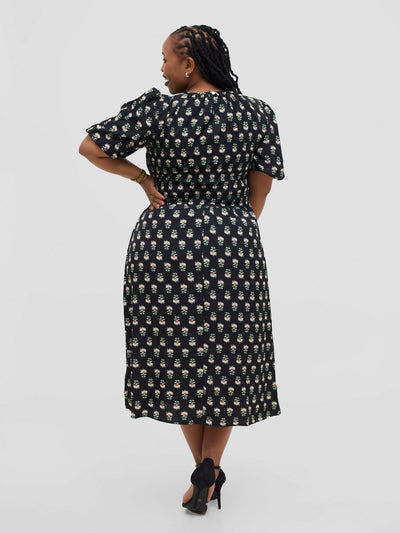 Hessed Floral Puff Short Sleeve A Line Round Neck Dress - Black - Shopzetu