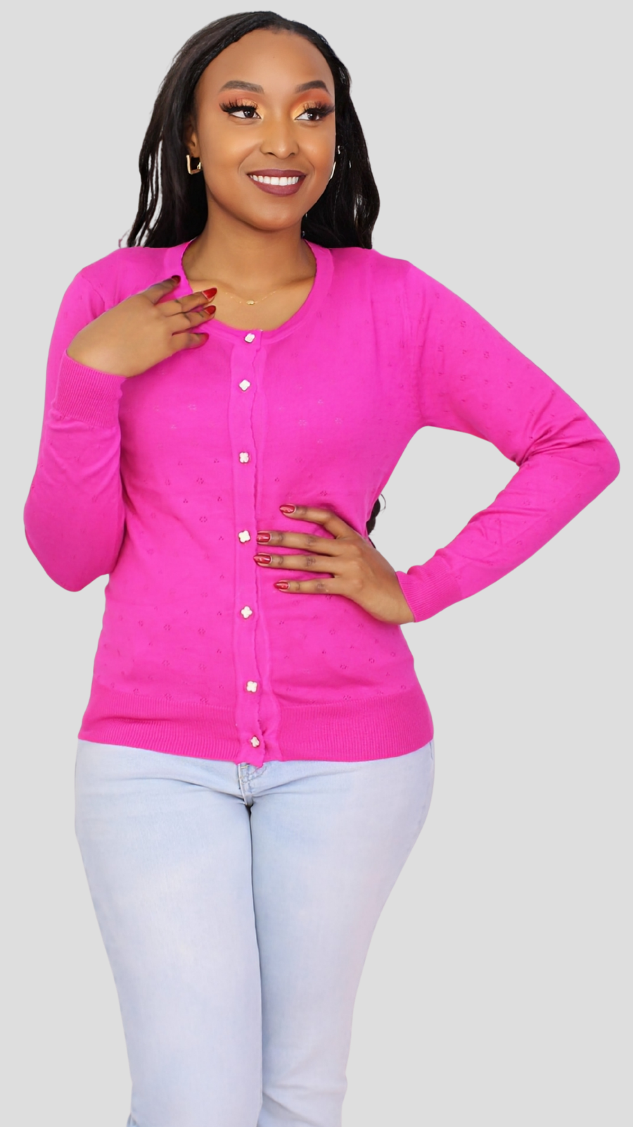 The Fashion Frenzy Pointelle Button Through Knit Cardigan – Fuchsia