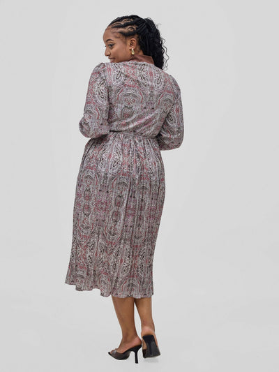Hessed Tie Neck flower prints pleated Long Sleeve Dress - Brown - Shopzetu