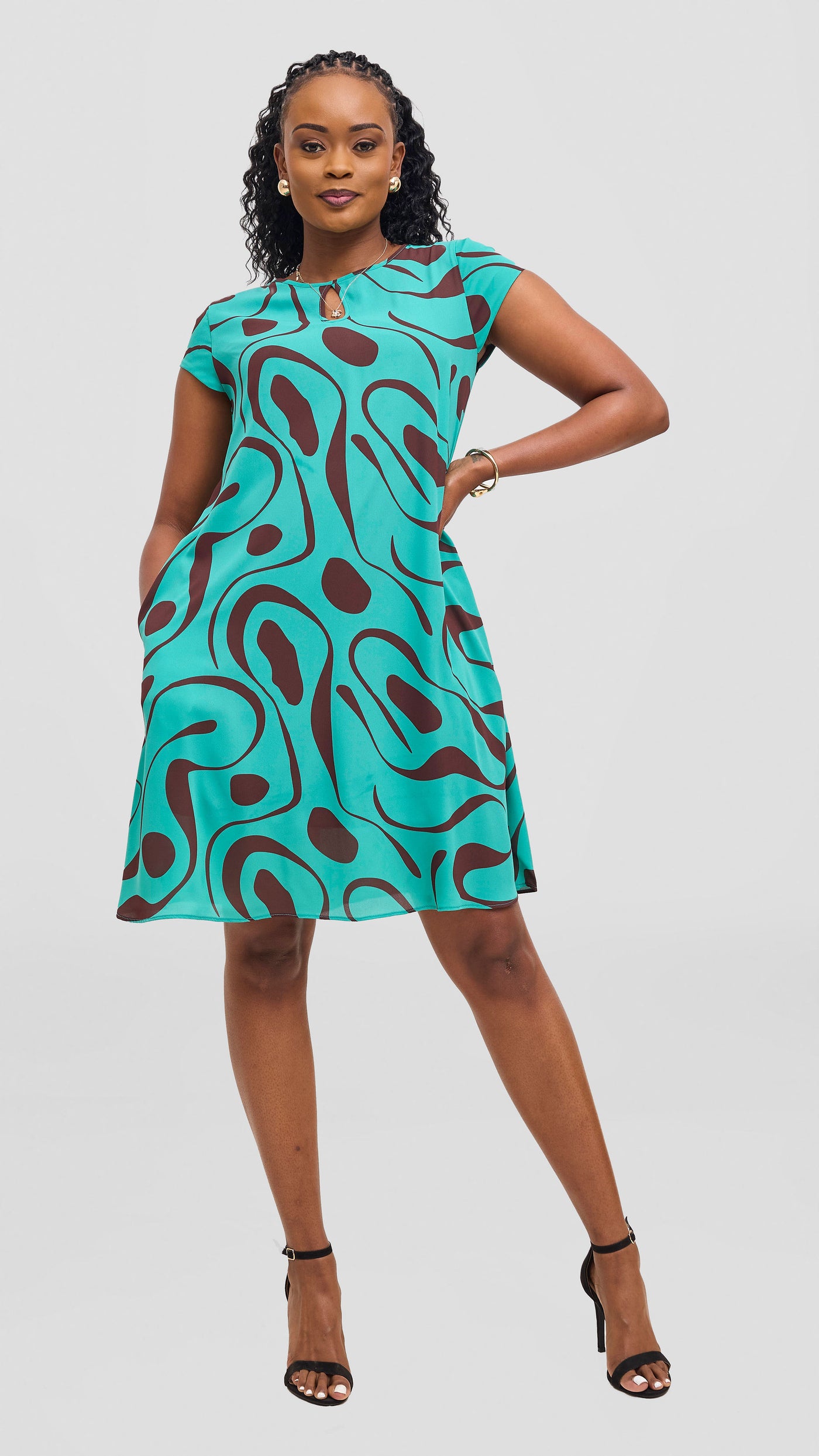 Vivo Sierra Cap Sleeve Tent Chiffon Dress - Sea Green / Burgundy Mohi Print