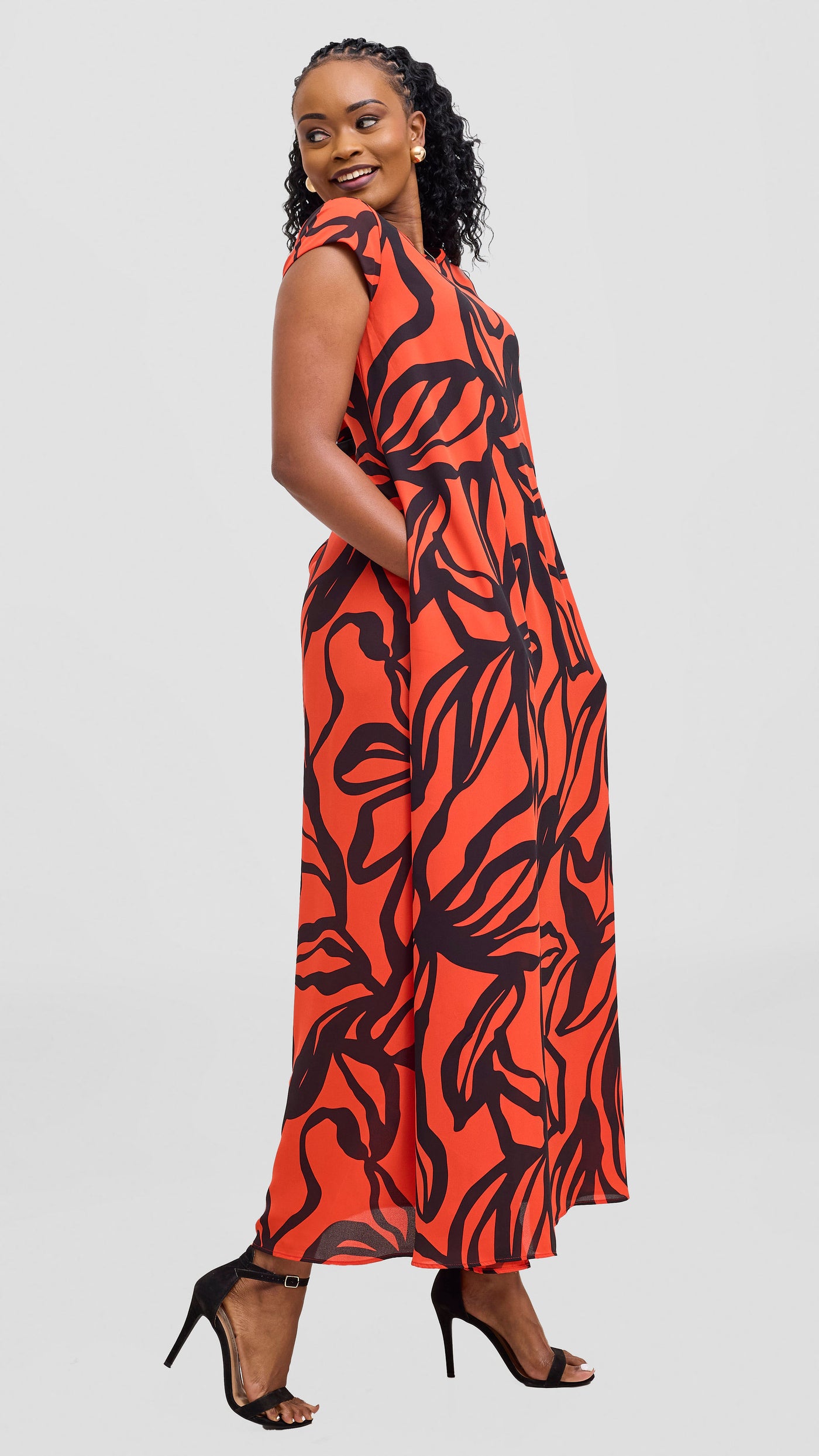 Vivo Basic Cap Sleeve Chiffon Maxi Dress - Orange / Black Nitai Print
