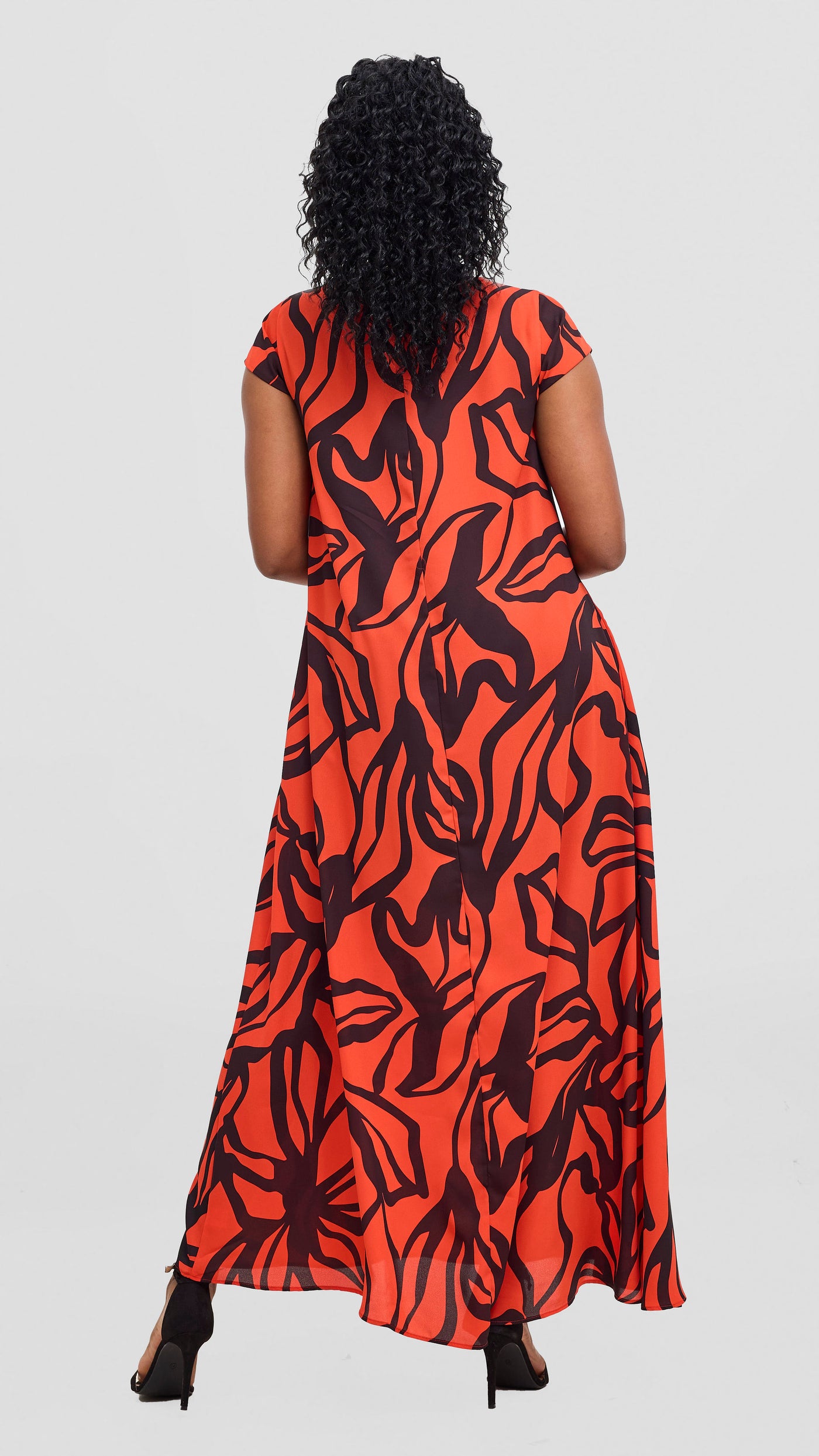 Vivo Basic Cap Sleeve Chiffon Maxi Dress - Orange / Black Nitai Print